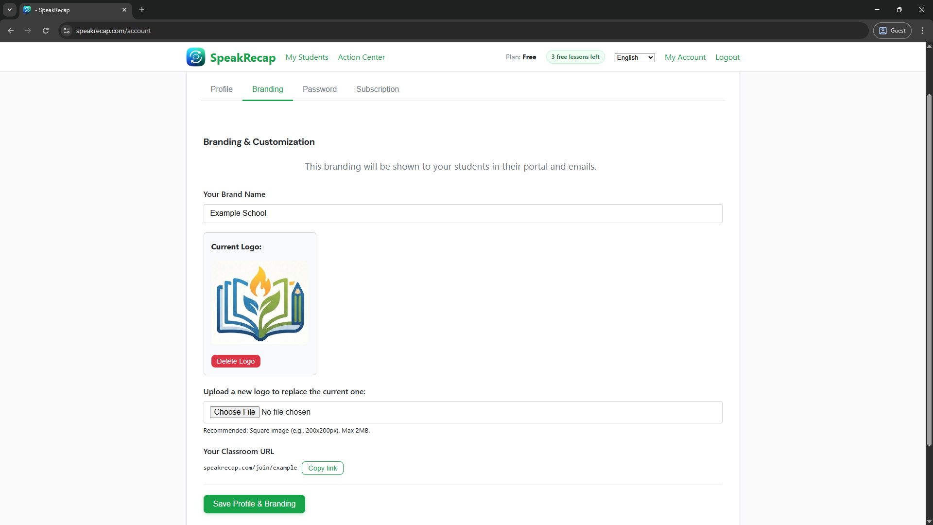 Account Branding tab showing the classroom slug field and logo upload