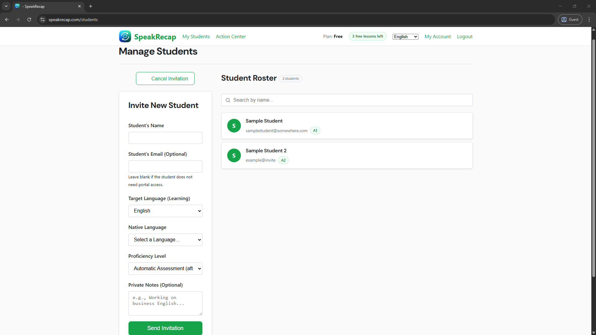 Add Student form filled in with example data