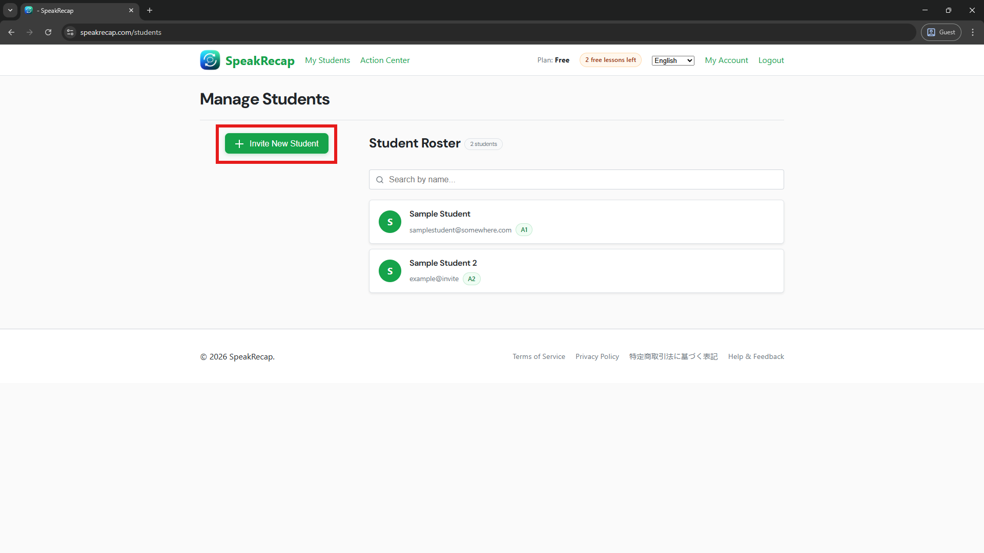 Manage Students page with the Add Student button
