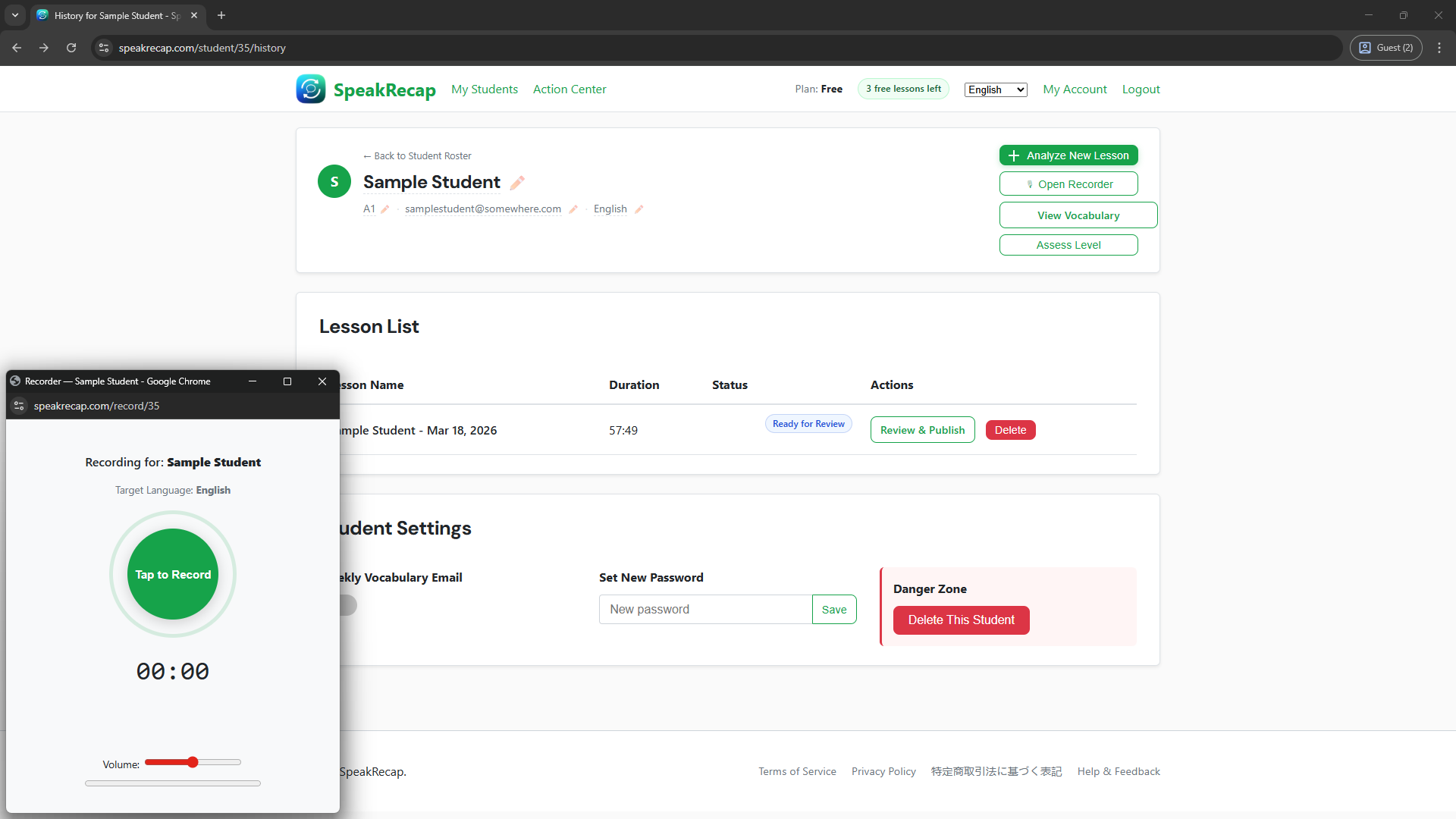 Student profile page with the Open Recorder button visible