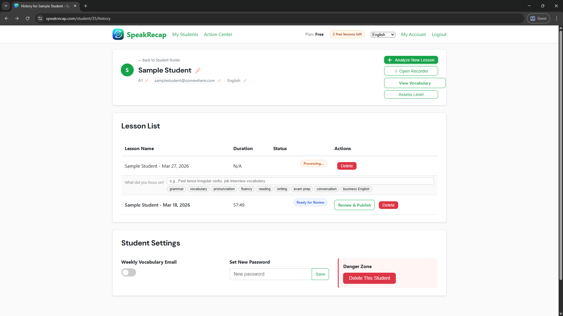Teacher dashboard showing a lesson in Analysing state