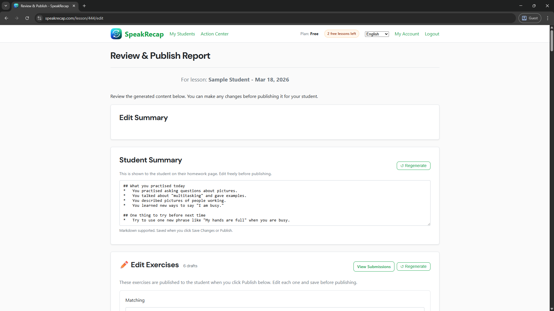 Edit analysis page showing the Summary, Student Summary, Vocabulary, and Exercises sections