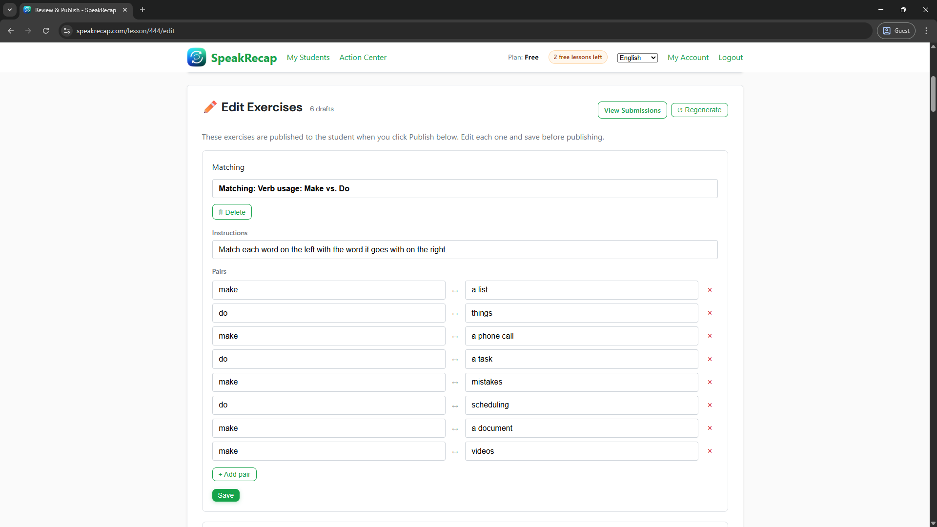 Exercise editor showing a multiple choice question with edit fields visible