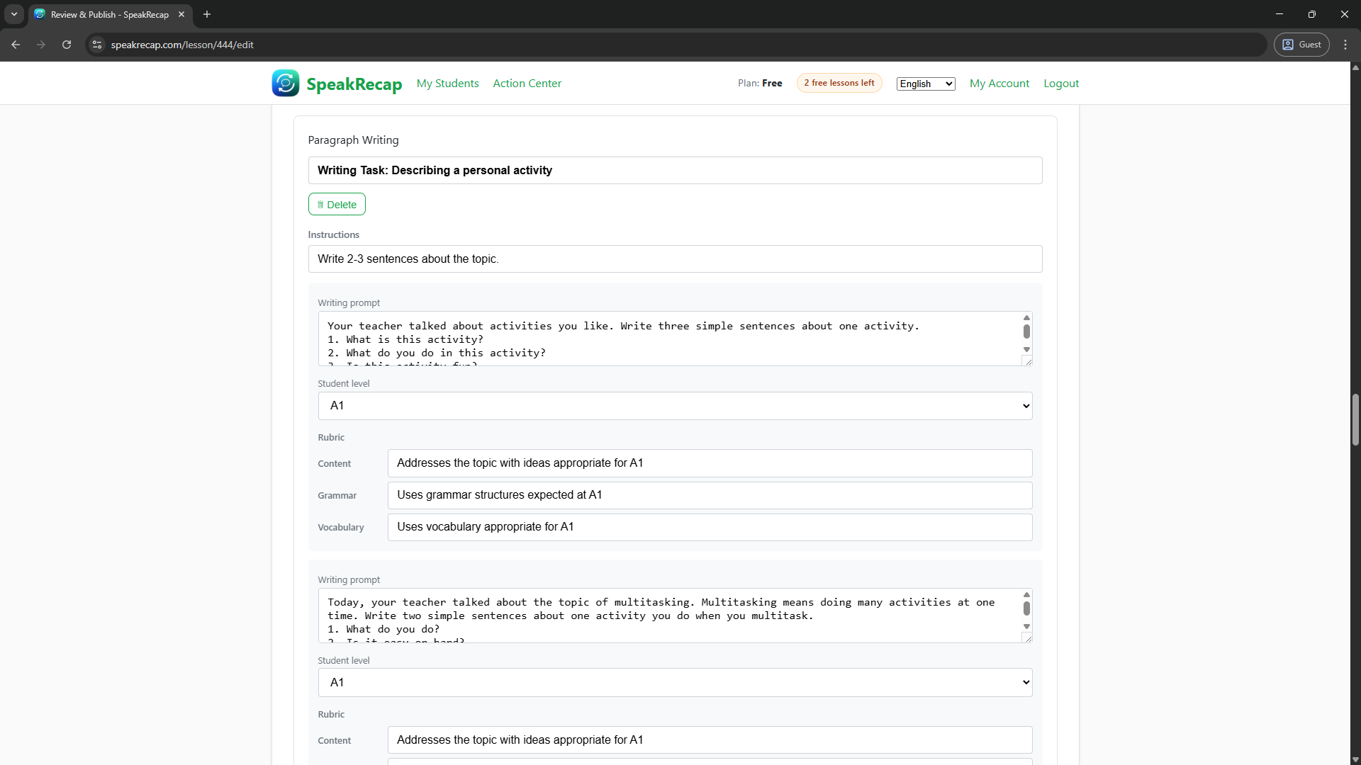 Exercise editor showing a writing exercise being edited