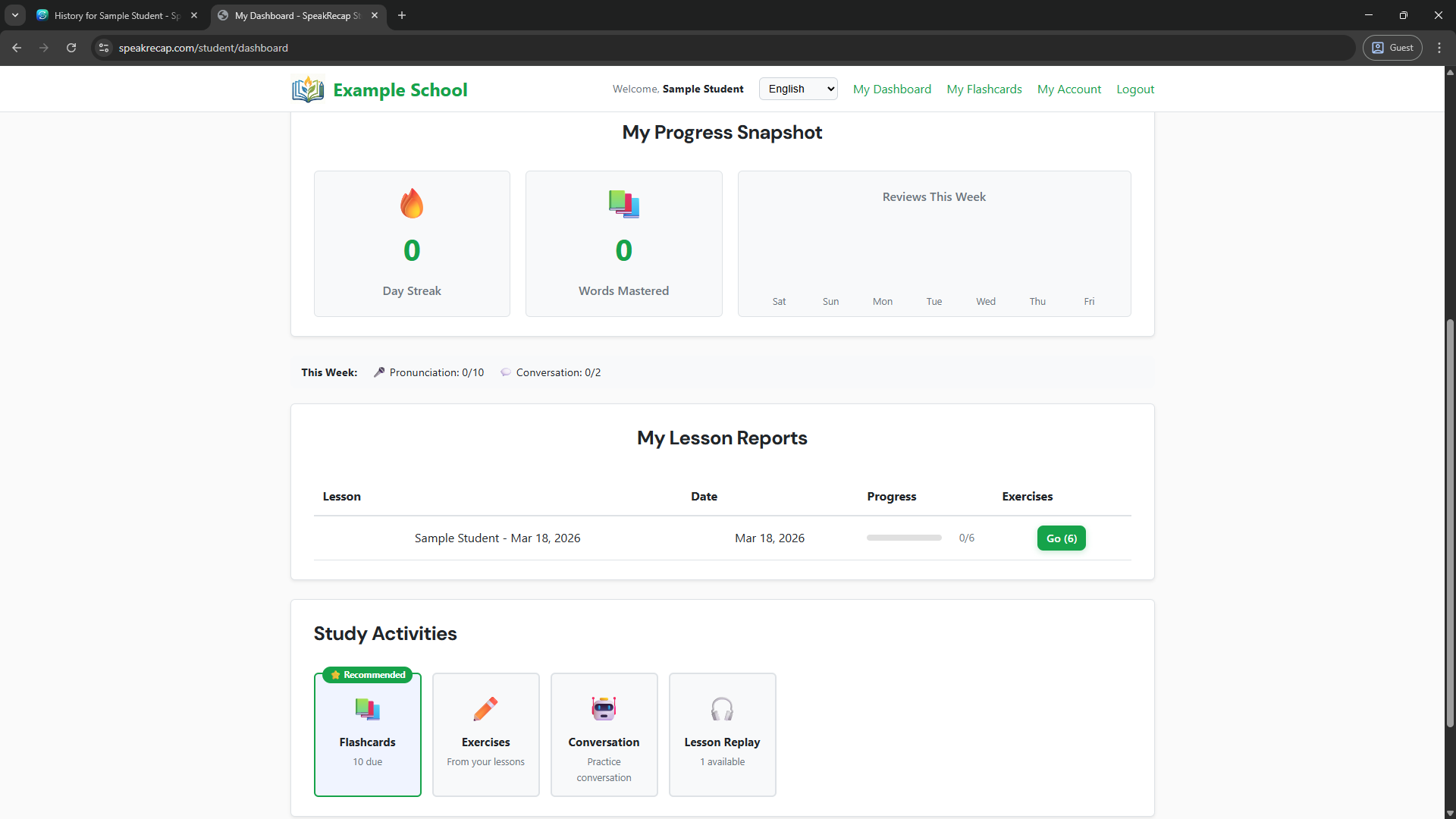 Student dashboard showing lesson cards and recommended activity section