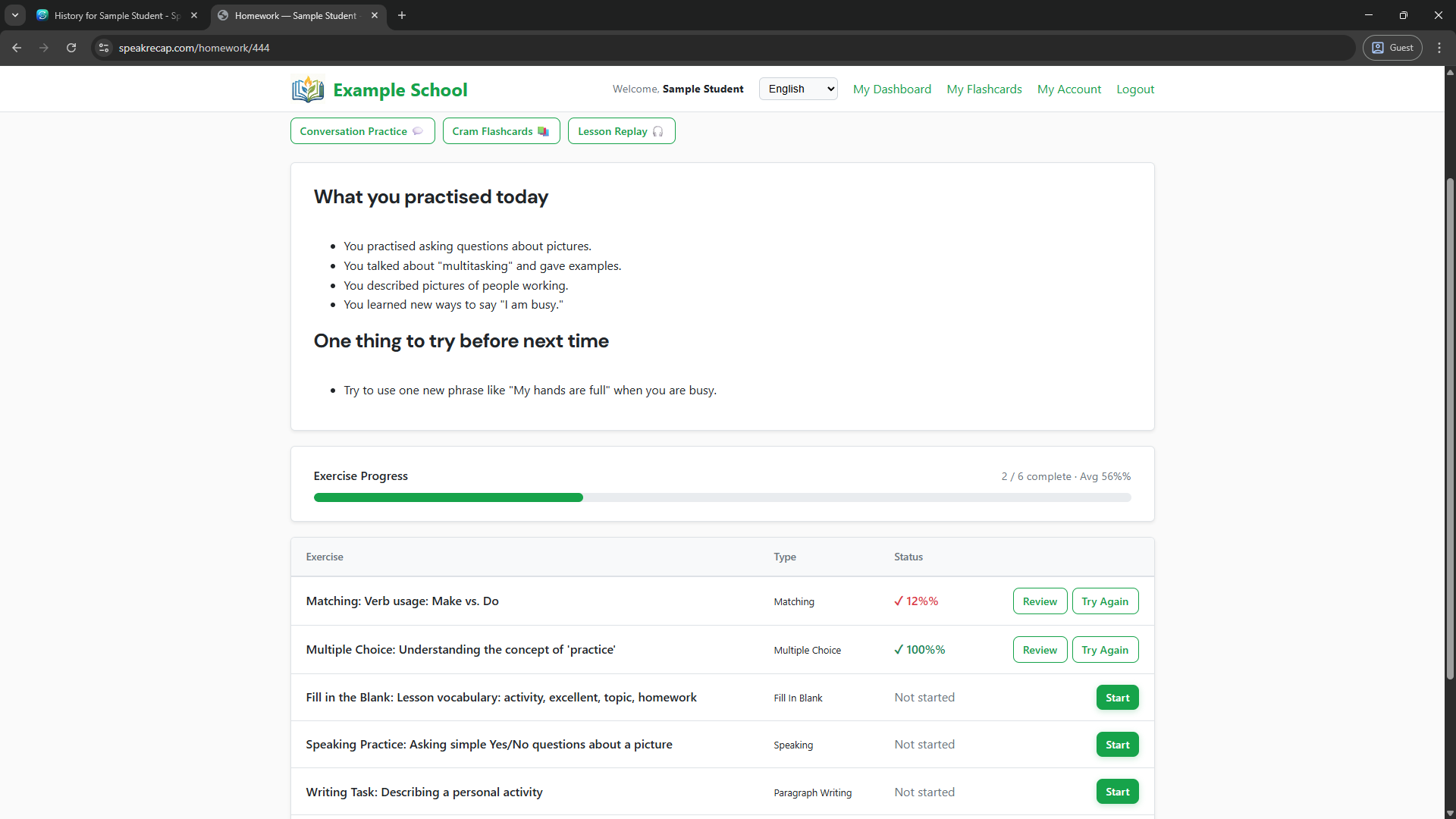 Student progress view showing completed exercises and vocabulary stats