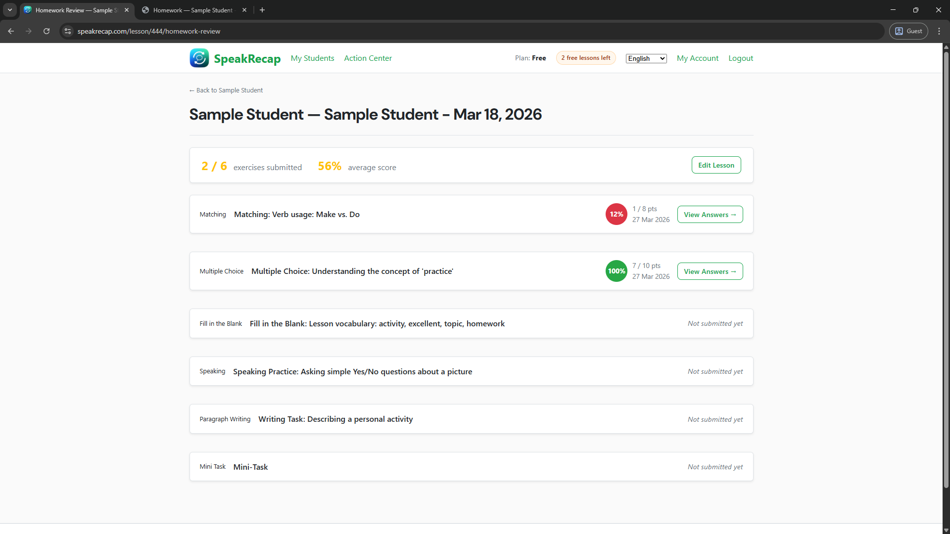 Teacher's view of student progress showing lesson history and vocabulary stats